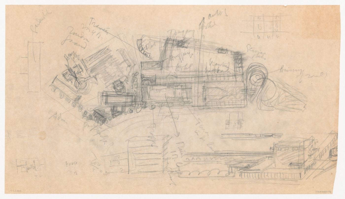 Sketch site plan and sketch perspective for the Congress Hall Complex, The Hague, Netherlands