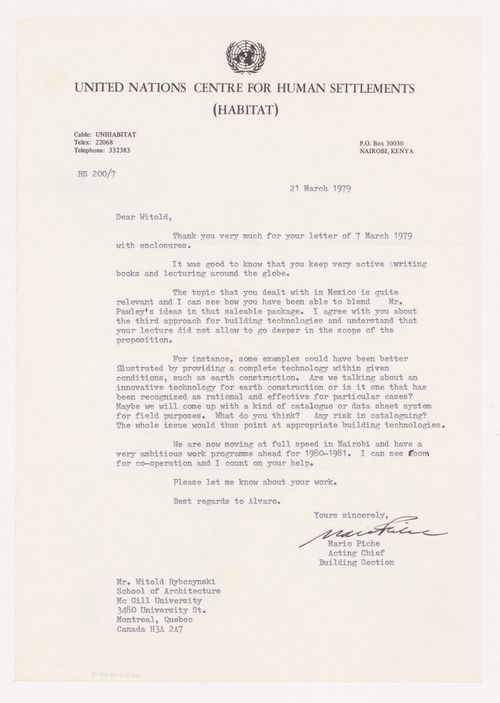 Letter from Mario Piche, Acting Chief, Building Section, United Nations Centre for Human Settlements (HABITAT), to Witold Rybczynski