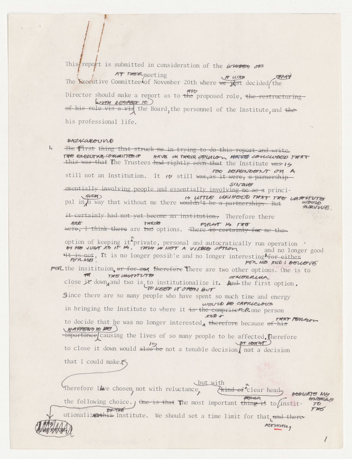 Draft Director's report with corrections and annotations by Peter D. Eisenman