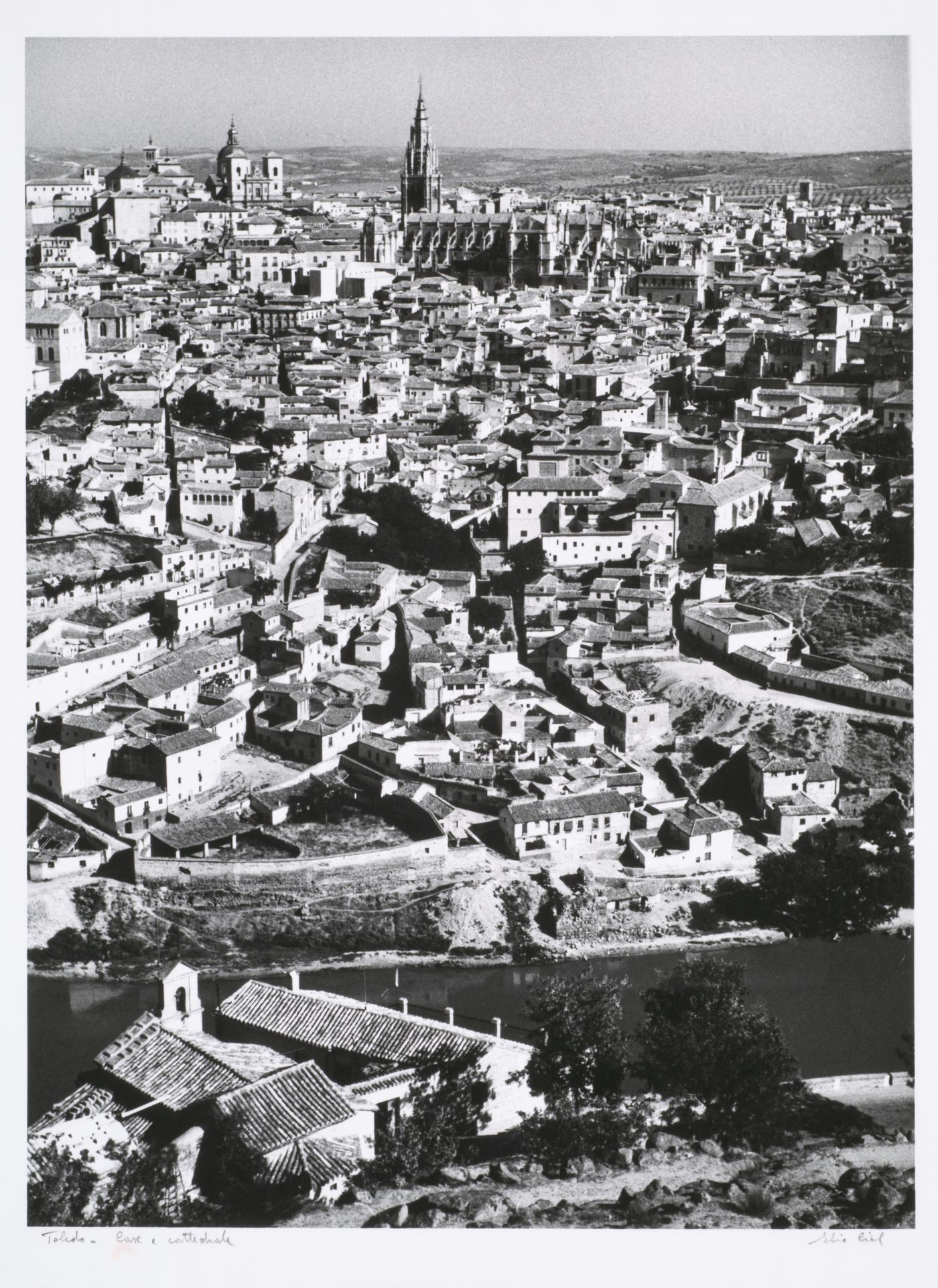 View of town from hill of houses and cathedral, Toledo, Spain