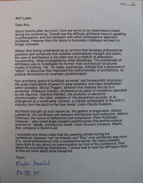 Any Letter from CCA Founder Phyllis Lambert