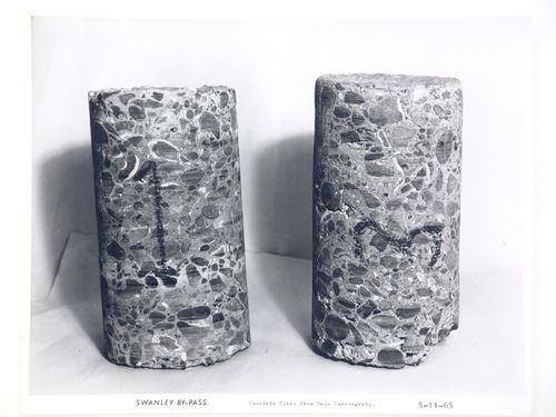 Studio view of concrete cores from main carriageway of the Swanley Bypass, England