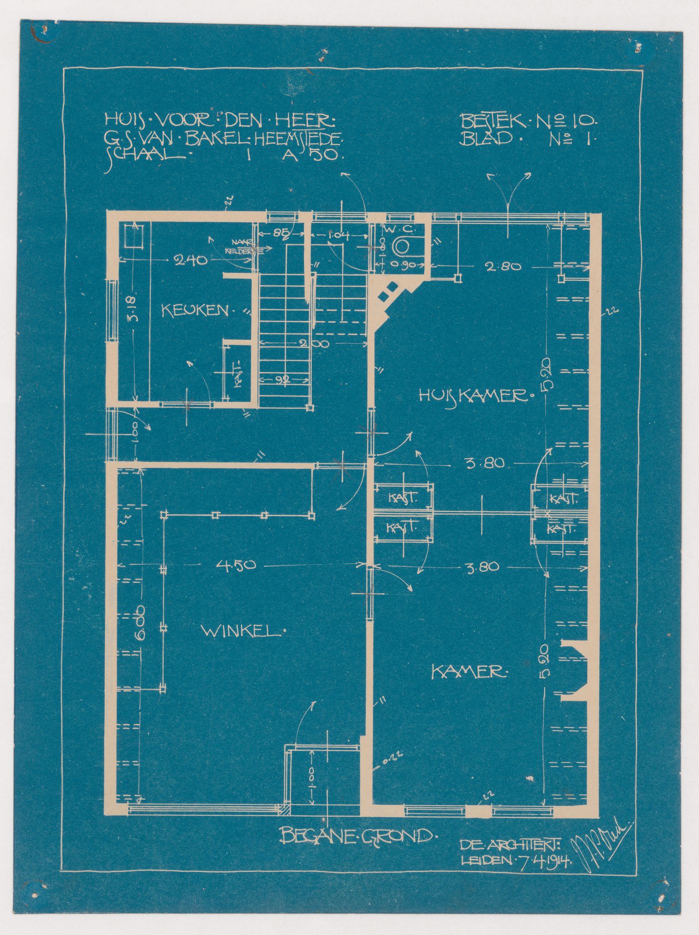 Ground floor plan for a house and shop with a rectangular plan for Mr. G.S. van Bakel, Heemstede, Netherlands