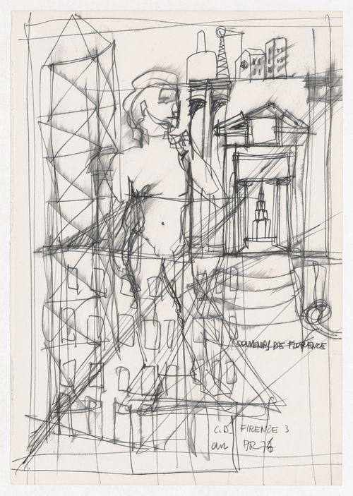Sketch elevation with a sketch of a statue of David and perspective sketch for Centro Direzionale, Florence