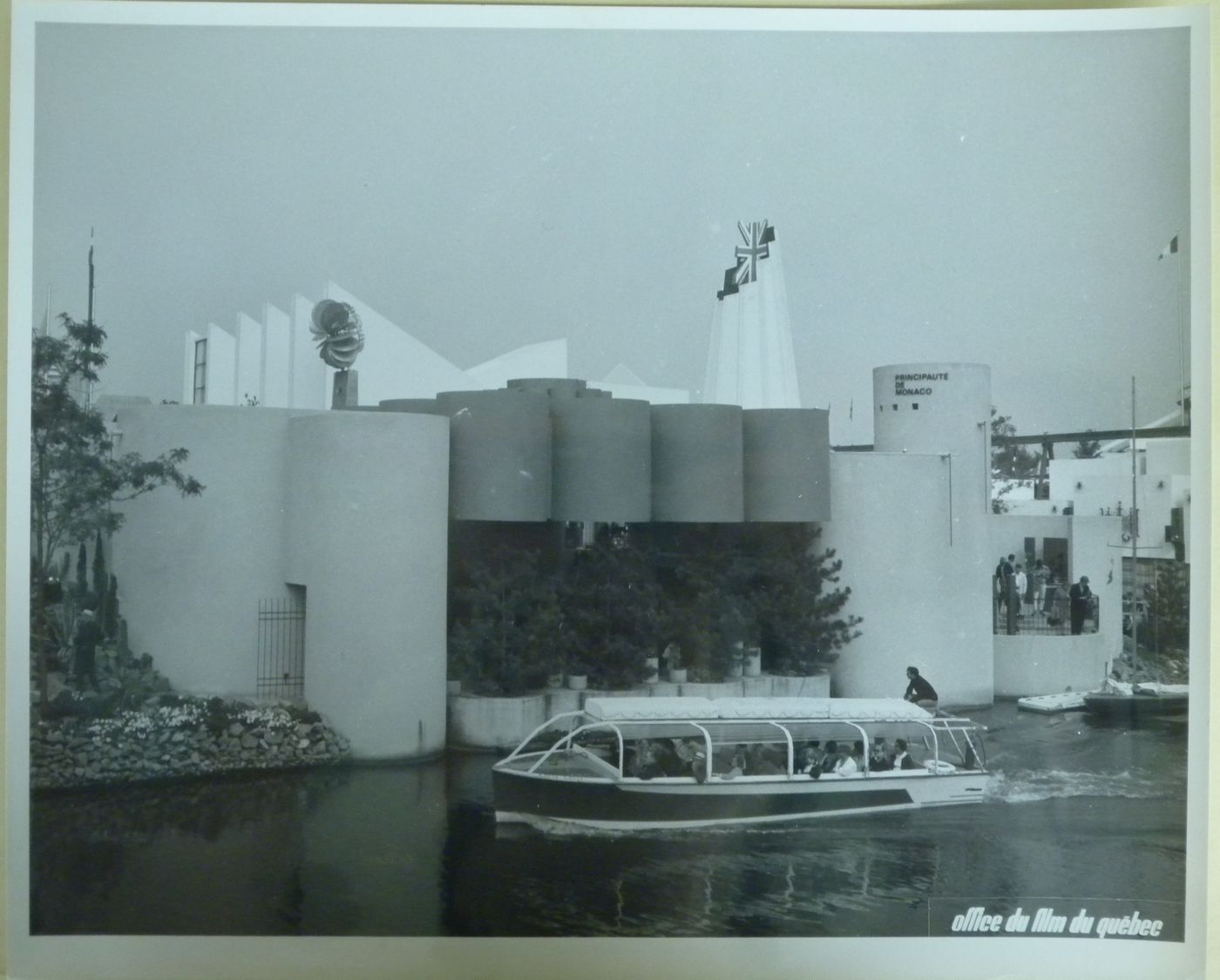 Back view of the Pavilion of Monaco with a vaporetto in foreground, Expo 67, Montréal, Québec