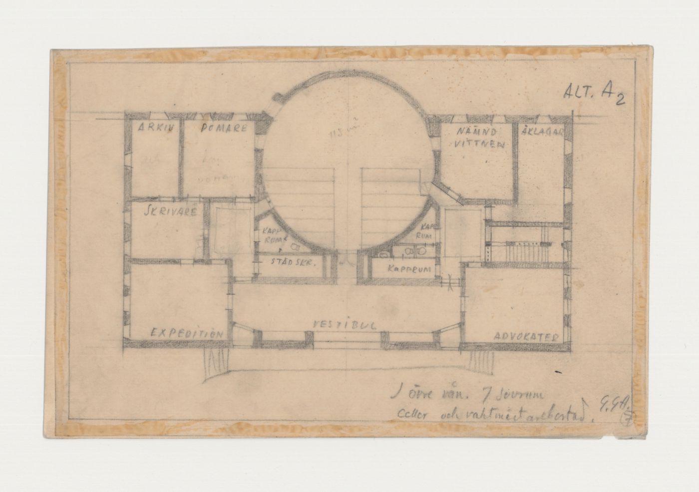 Ground plan for Lister härads tingshus showing a circular courtroom, Sölvesborg, Sweden