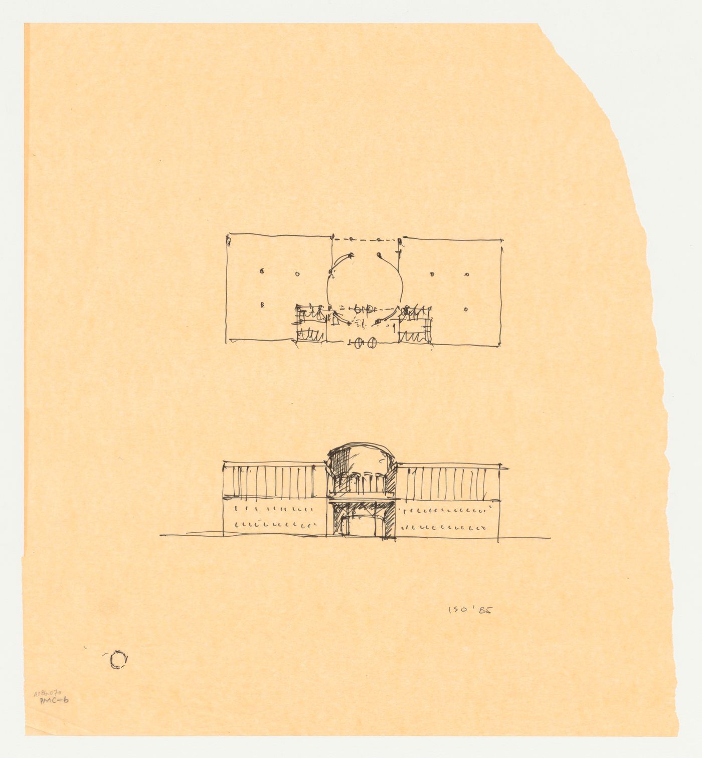 Sketch elevation and plan for the Phoenix Municipal Government Center Competition