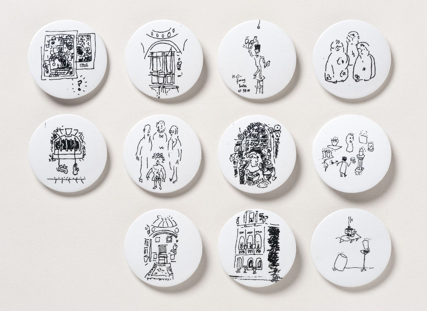 Sane: pins designed by Cedric Price for the exhibition "Retrace Your Steps: Remember Tomorrow" held at Sir John Soane's Museum, London, England, from December 10, 1999 to March 25, 2000