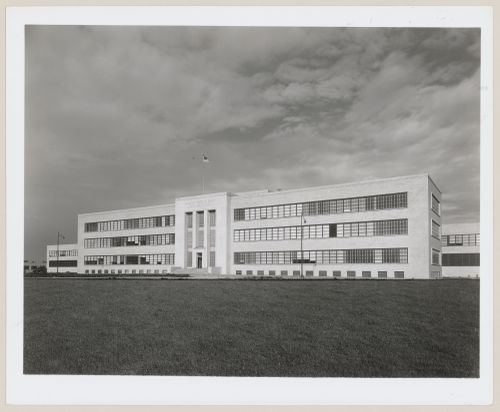 View of the south façade of the Administration Building, General Motors Corporation Buick division Airplane Engine Assembly Plant, Melrose Park, Illinois