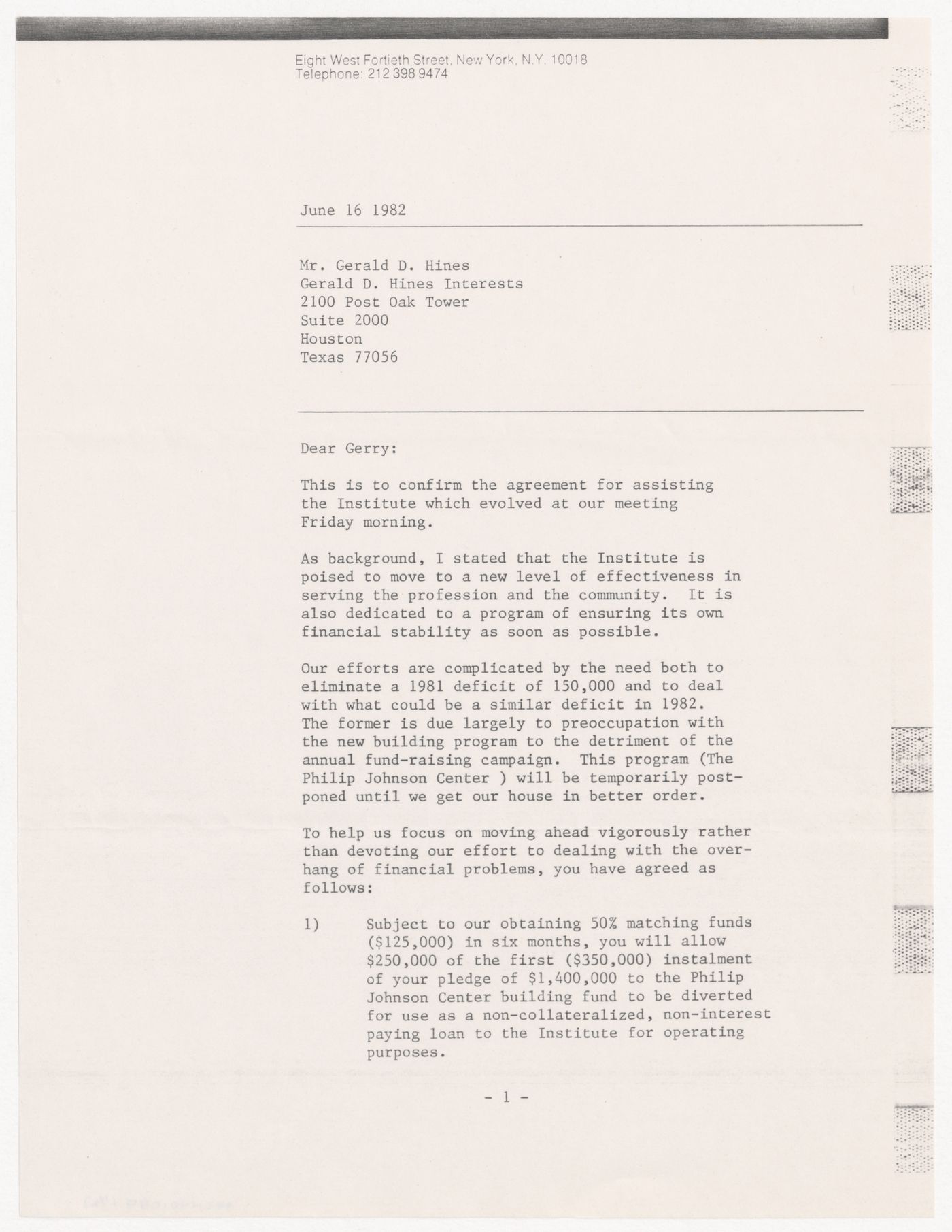 Letter from Edward L. Saxe to Gerald D. Hines about IAUS financial status