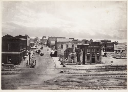 View of city in ruins after Sherman's march, railroad in foreground, Atlanta, Georgia, United States