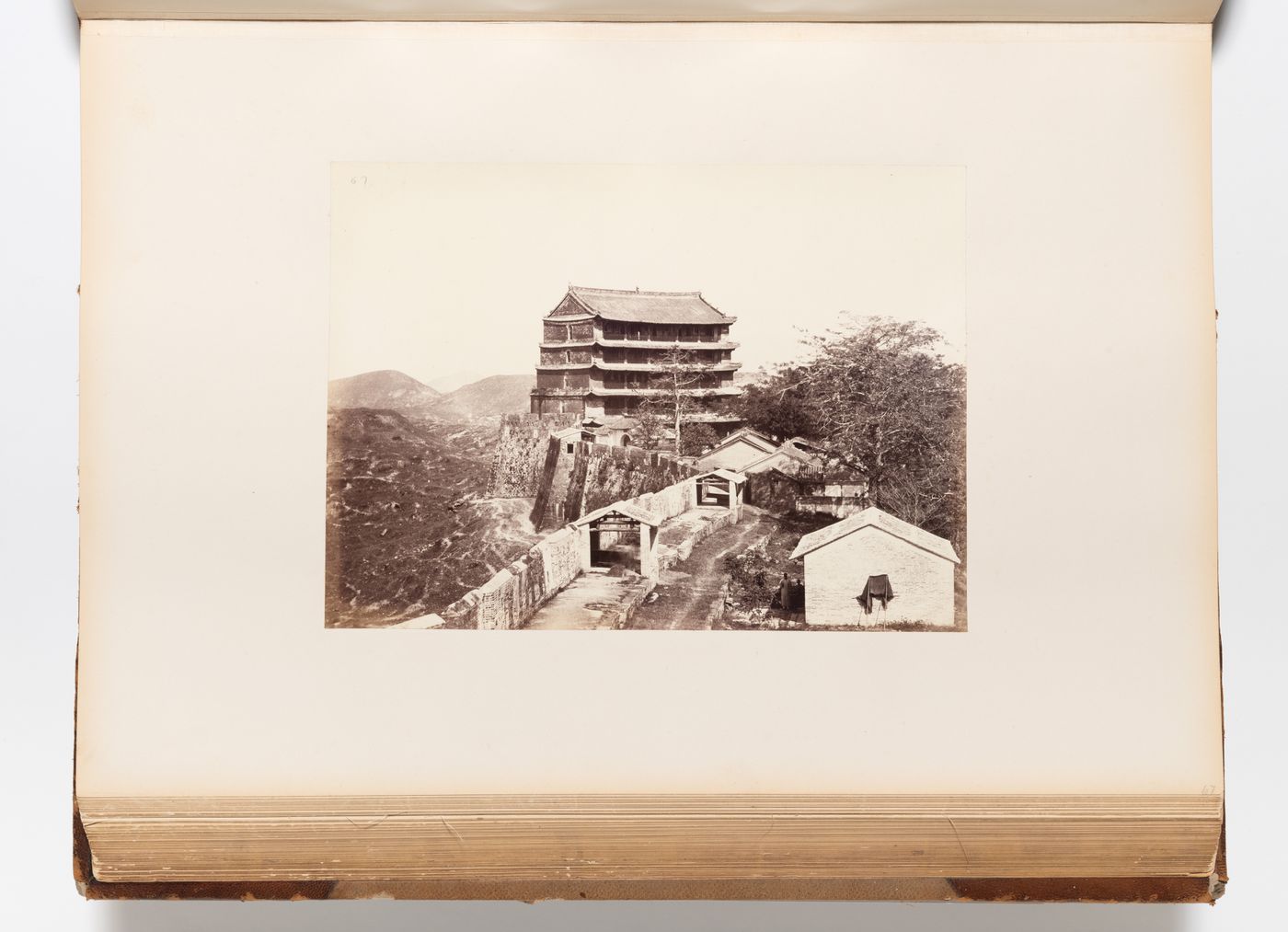 View of Zhenhai Lou [Tower Overlooking the Sea] (also known as the Five-Storey Watchtower or the Five-Storey Pagoda) showing the city wall, Canton (now Guangzhou), China