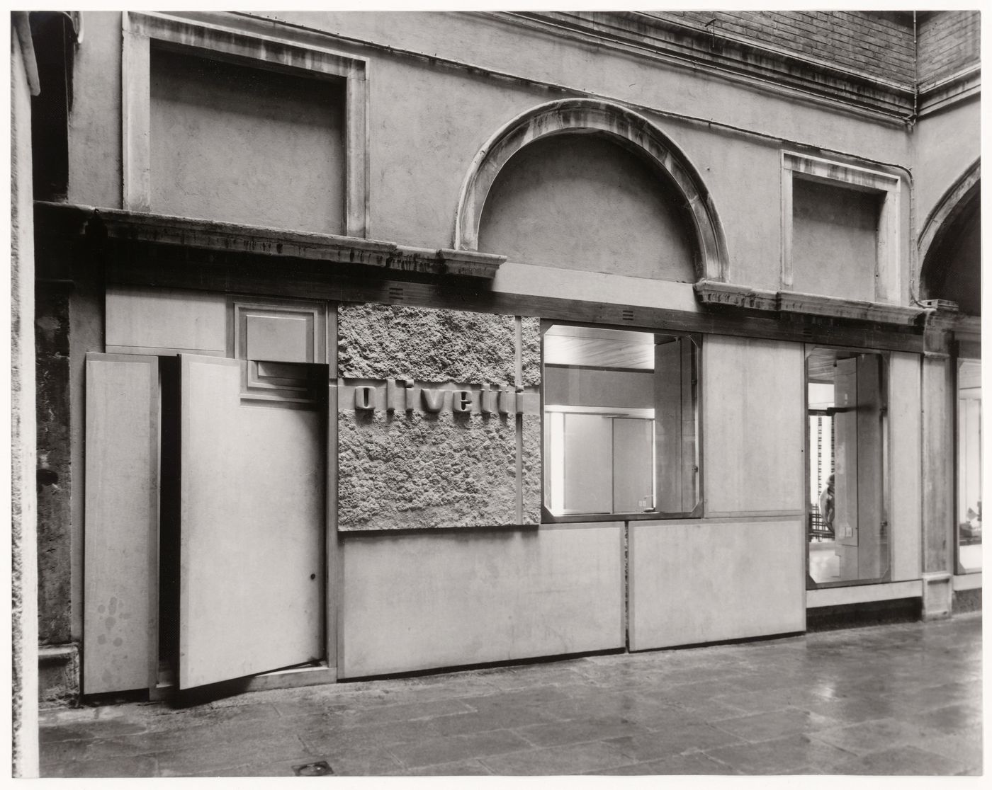View of façade of the Olivetti Showroom showing staff entrance, Venice, Italy