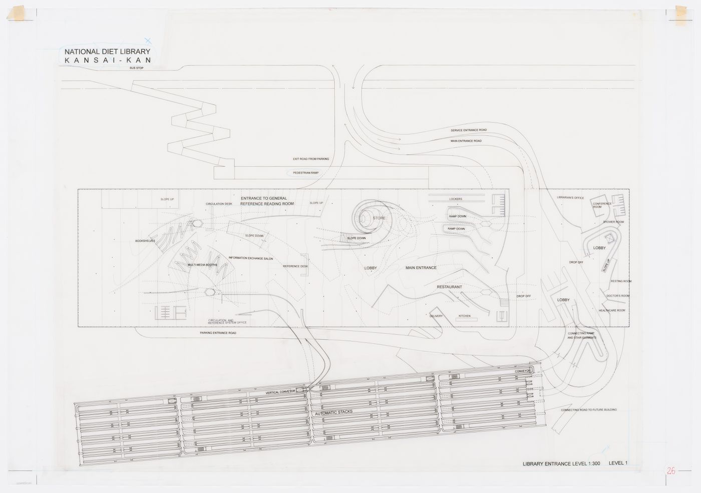 Library entrance plan, scale 1:300, Kansai-Kan of the National Diet Library, Seika, Japan