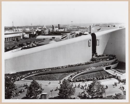 View of an entrance to the General Motors Corporation pavilion showing the entrance ramps, 1939-1940 New York World's Fair, New York City, New York