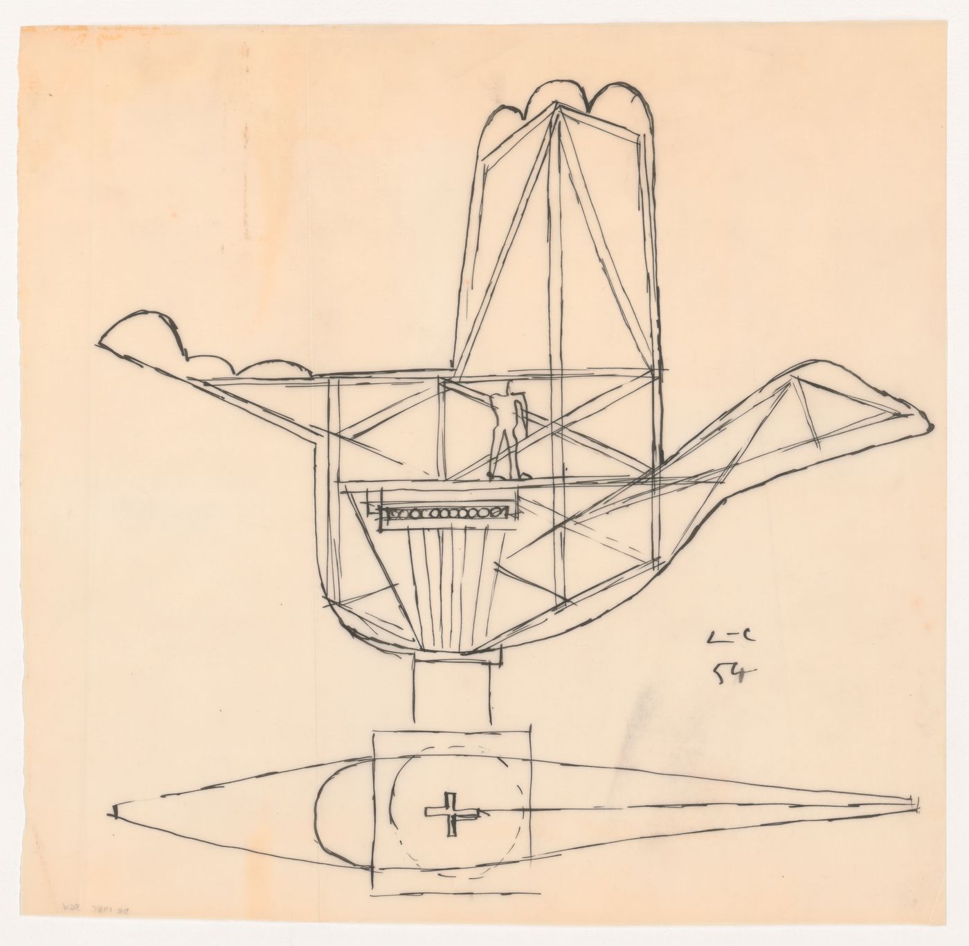 Section for the Open Hand Monument showing open framing with man indicating scale, Chandigarh