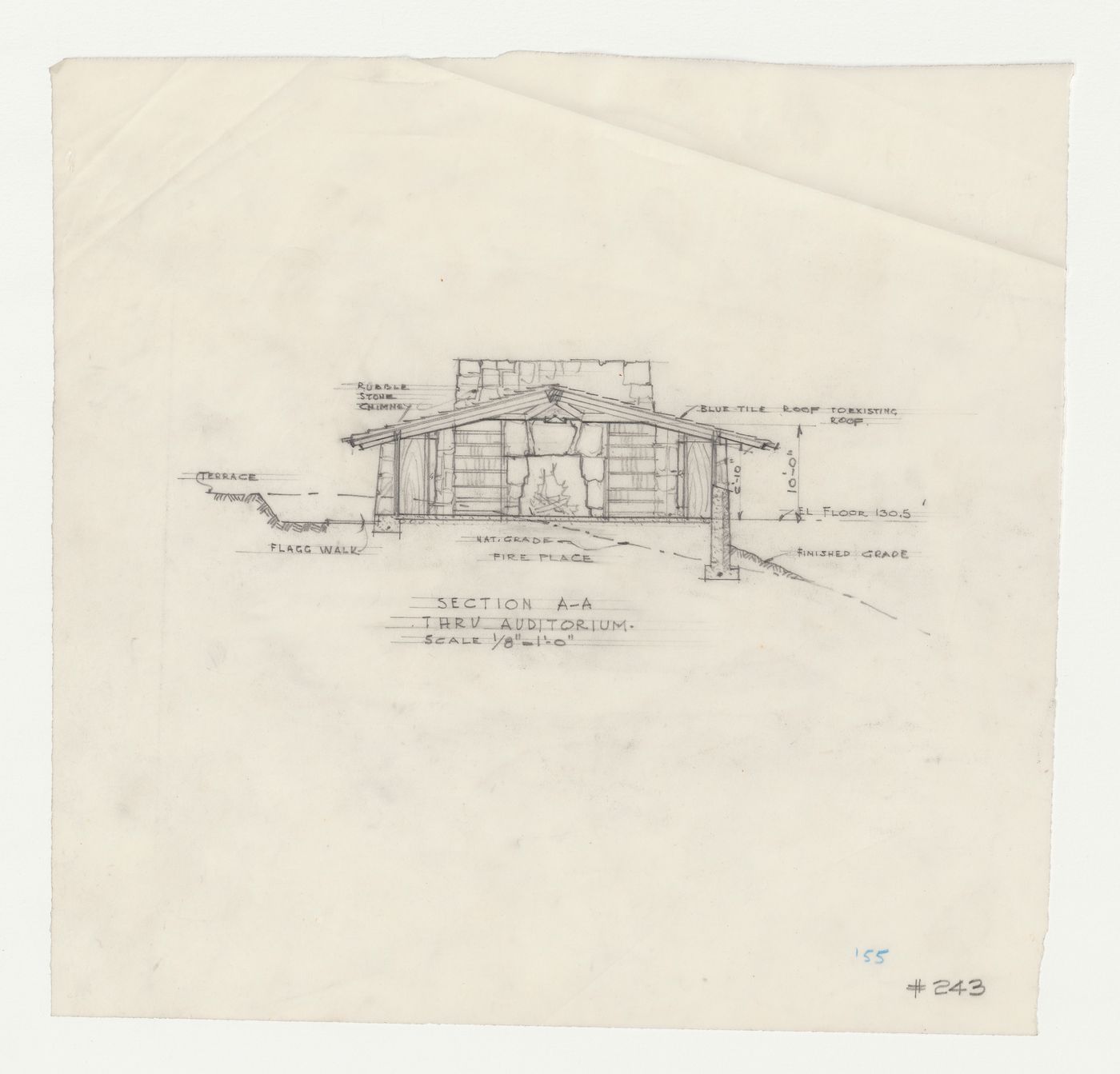 Wayfarers' Chapel, Palos Verdes, California: Section through the auditorium for the parish house