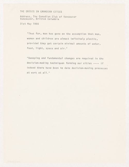 "The Crisis in Canadian Cities" quotations from Parkin speech given at The Canadian Club of Vancouver