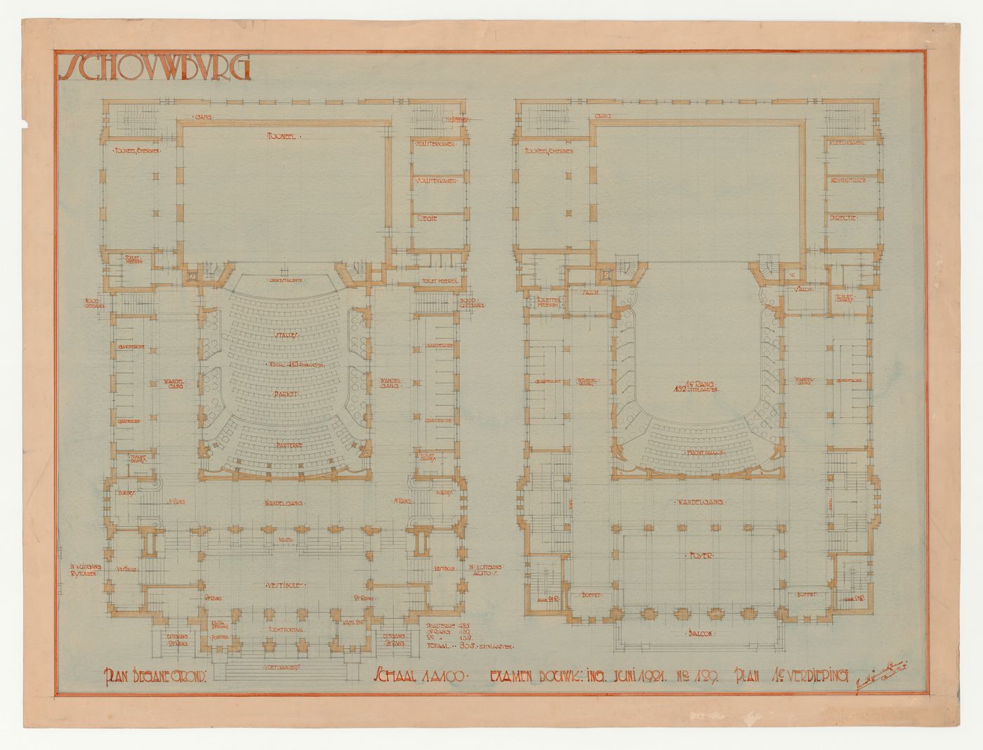 Student presentation drawing showing ground and first floor plans for a theatre, Technische Hogeschool Delft, Netherlands
