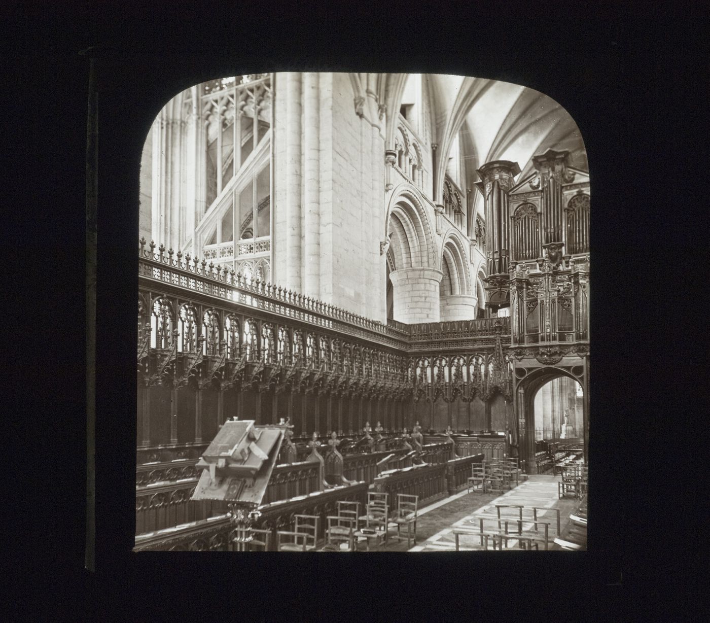View of choir stalls to the southwest, Gloucester Cathedral, Gloucester, Gloucestershire, England