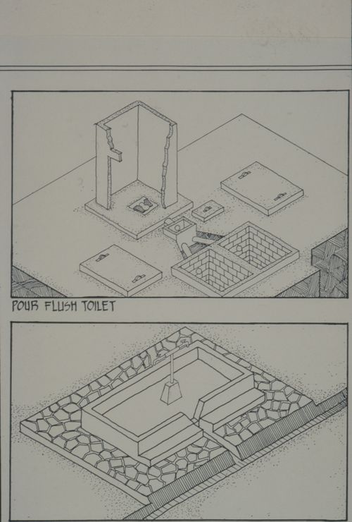 Axonometric view showing a pour flush toilet and a stand pipe for the Aranya Housing Project, Indore, India
