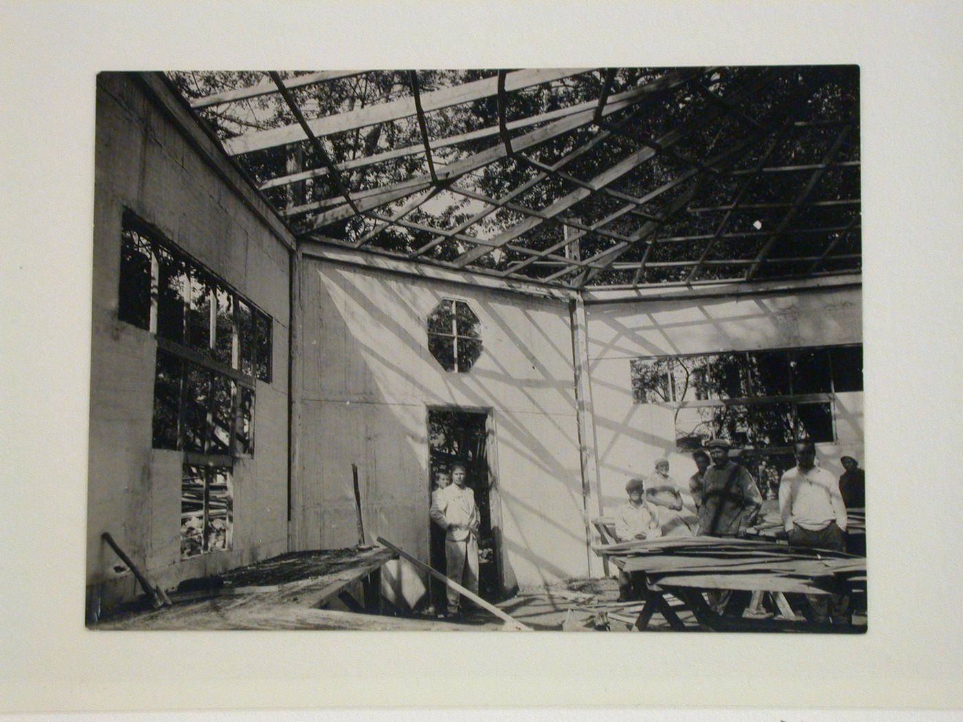 Interior view of the temporary summer pavilion under construction in the garden of construction management V.S.F.K., Tashkent, Soviet Union (now in Uzbekistan)