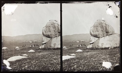 Stereograph of horse riders and large rocks, California, United States of America