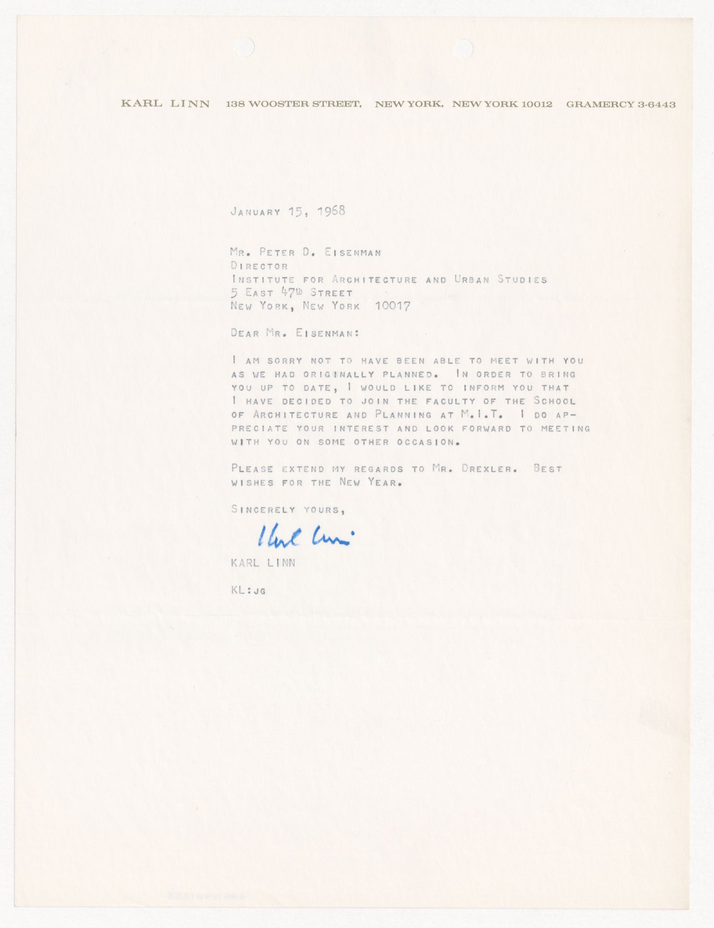 Letter from Karl Linn to Peter D. Eisenman about Linn joining the faculty at the Massachusetts Institute of Technology (M.I.T.)