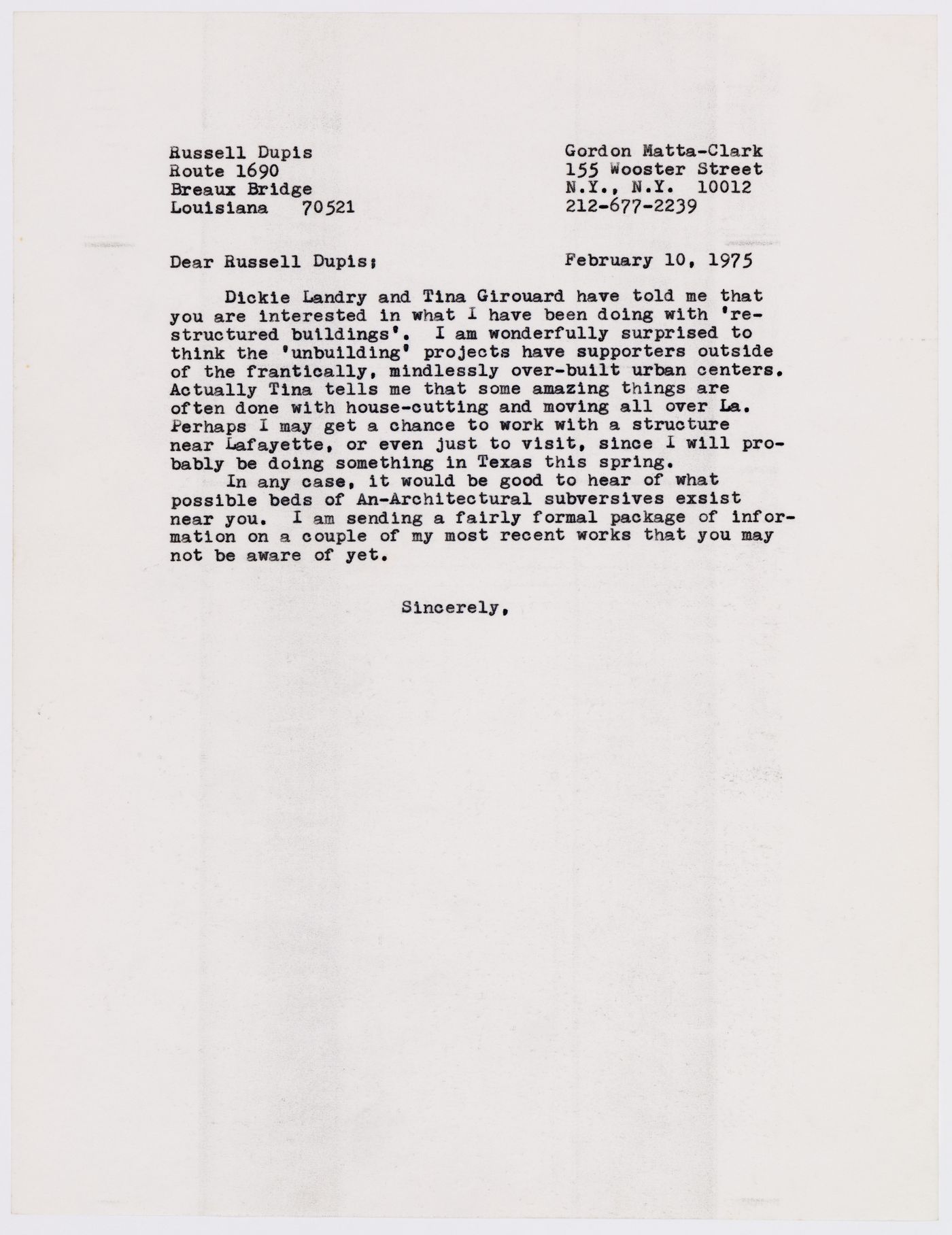 Letter from Gordon Matta-Clark to Russell Dupis