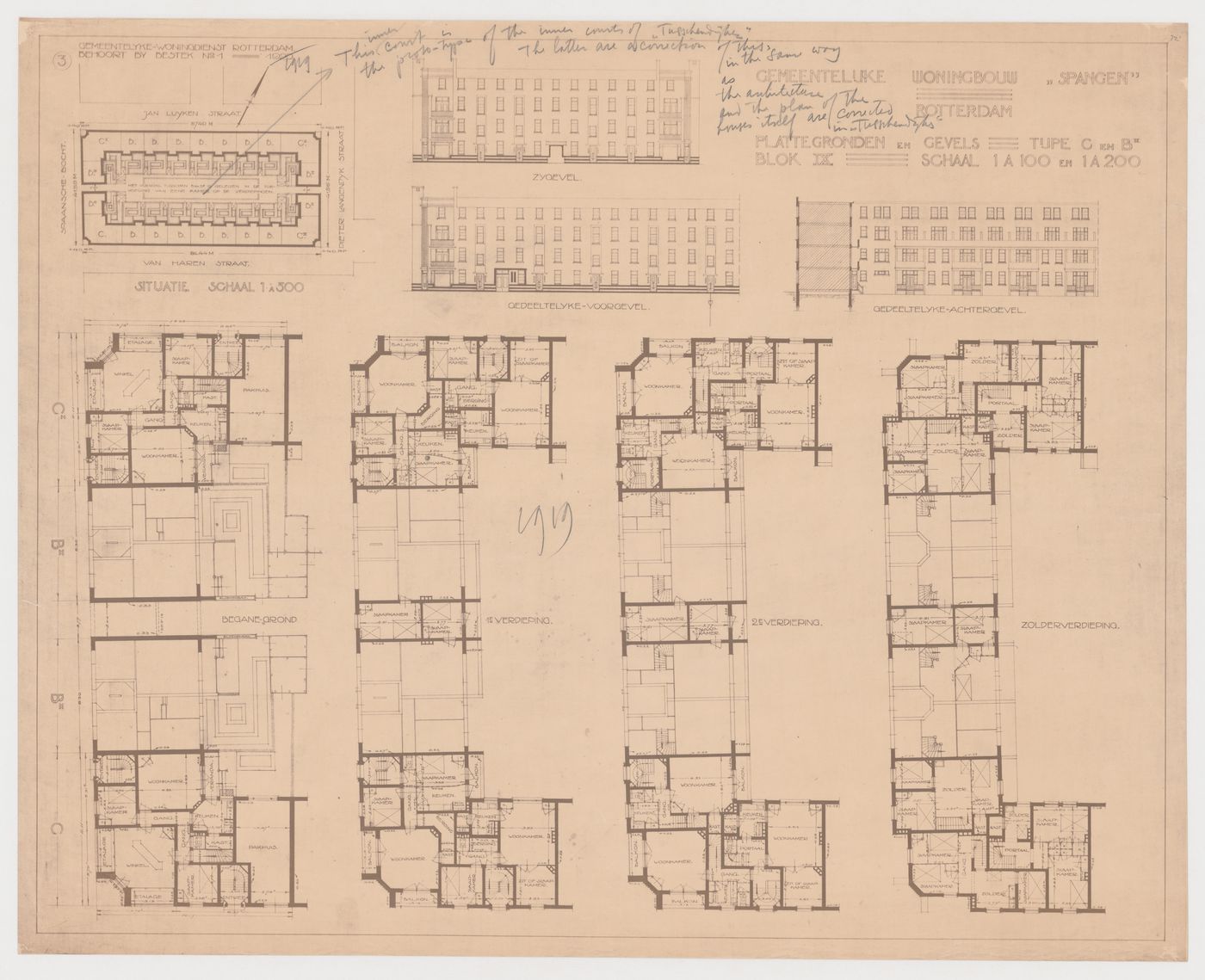 Plans, site plan, elevations and sectional elevation for Block 9, Spangen Housing Estate, Rotterdam, Netherlands