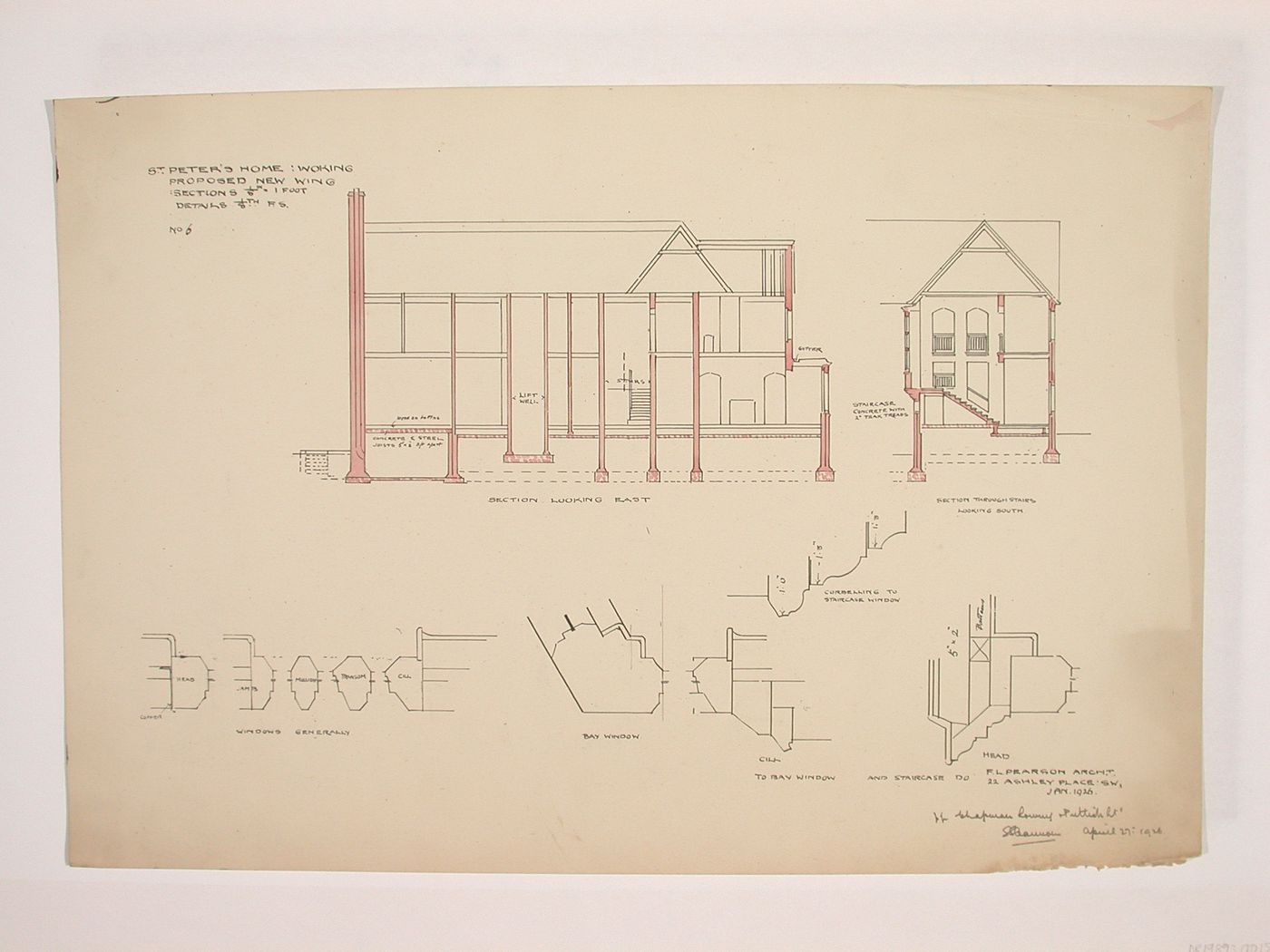 St. Peter's Home, Woking: Sections for the new wing with window details
