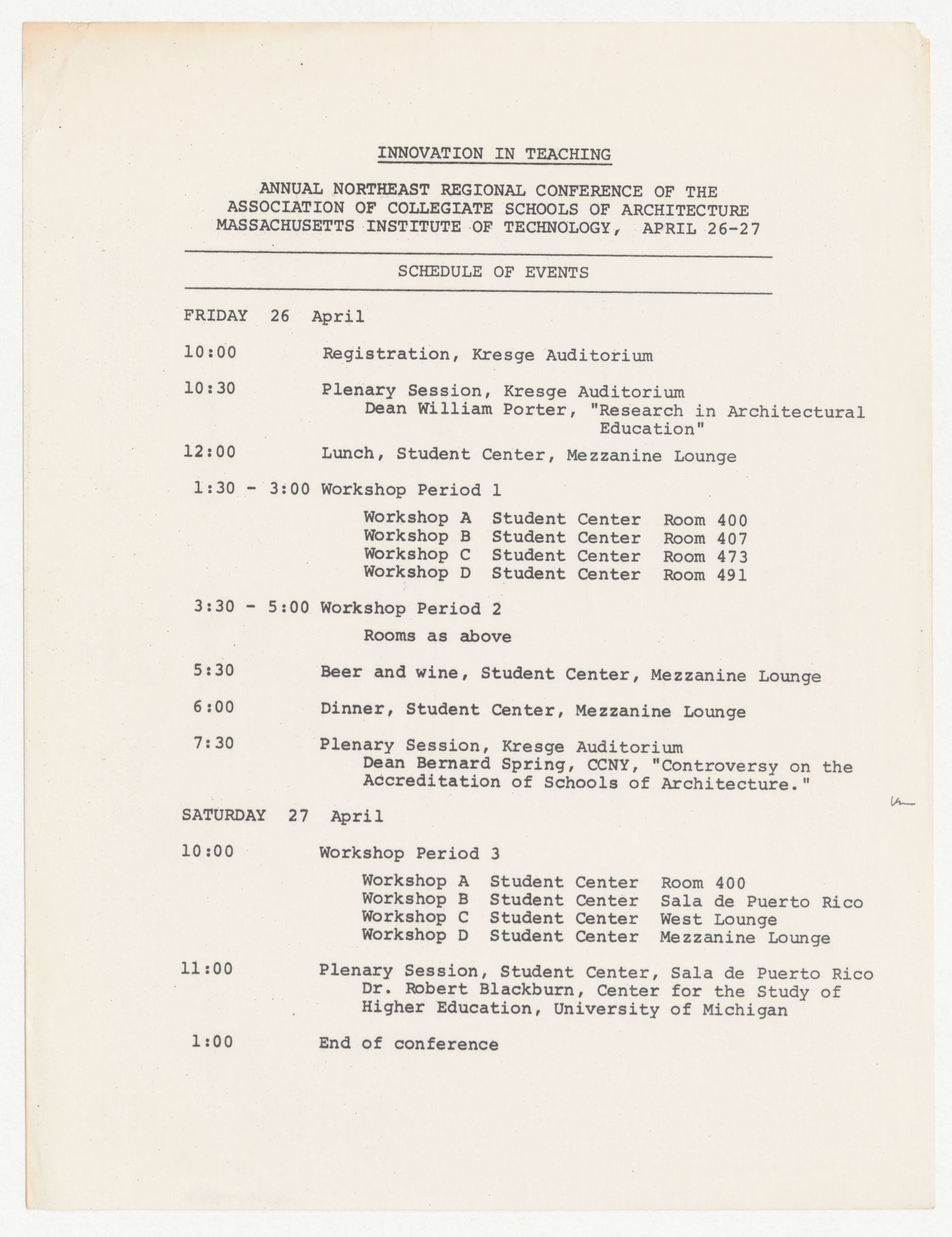 Schedule of events for the Annual Northeast Regional Conference of the Association of Collegiate Schools of Architecture
