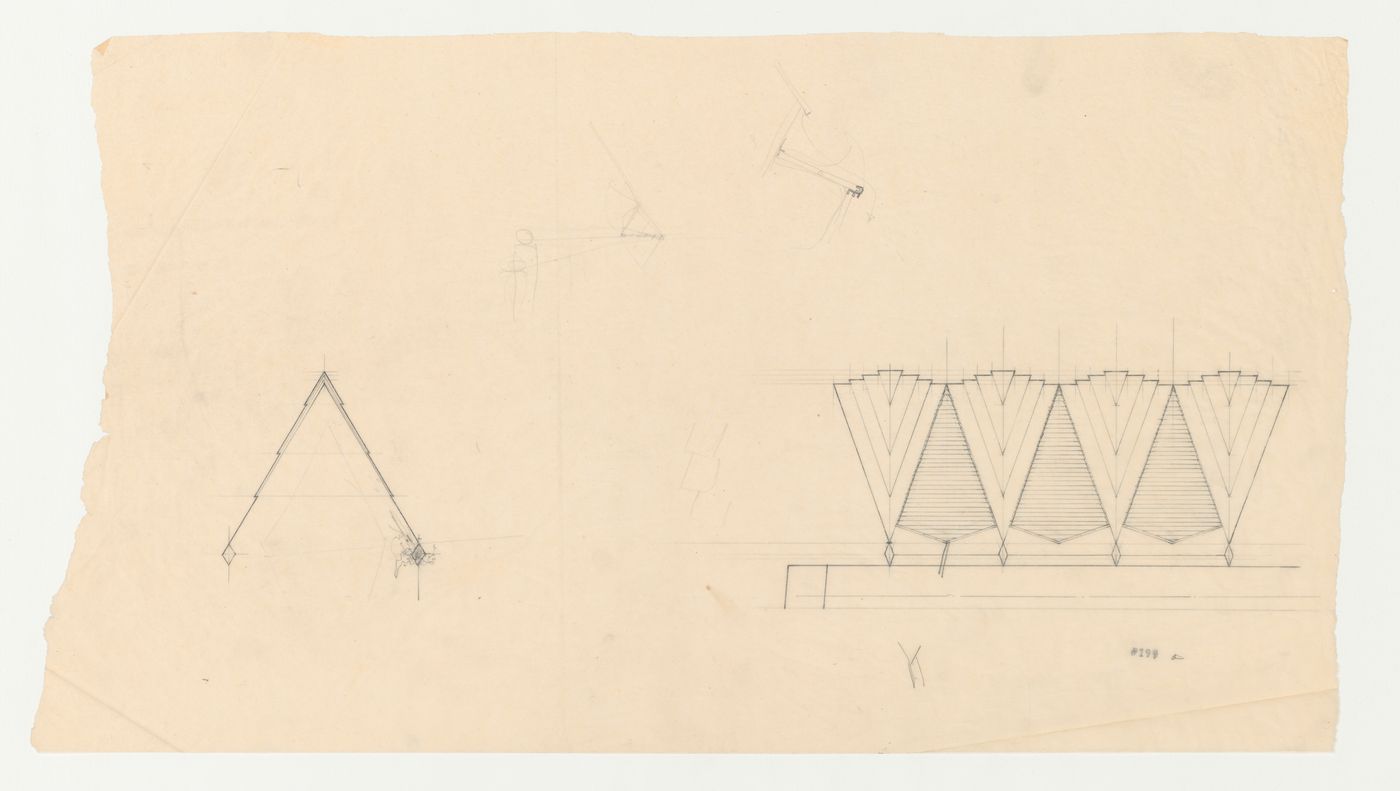 Cross section and elevation for a chapel roof canopy based on the Wayfarers' Chapel design