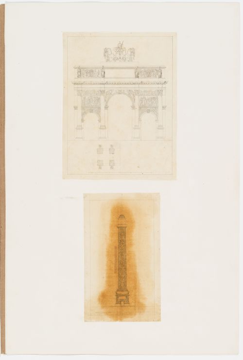 Elevation of the Arc du Carrousel, Paris, with a partial ground plan showing the left half of the monument; Elevation of the Vendome Column, Paris, showing the continuous spiral of low-relief sculpture