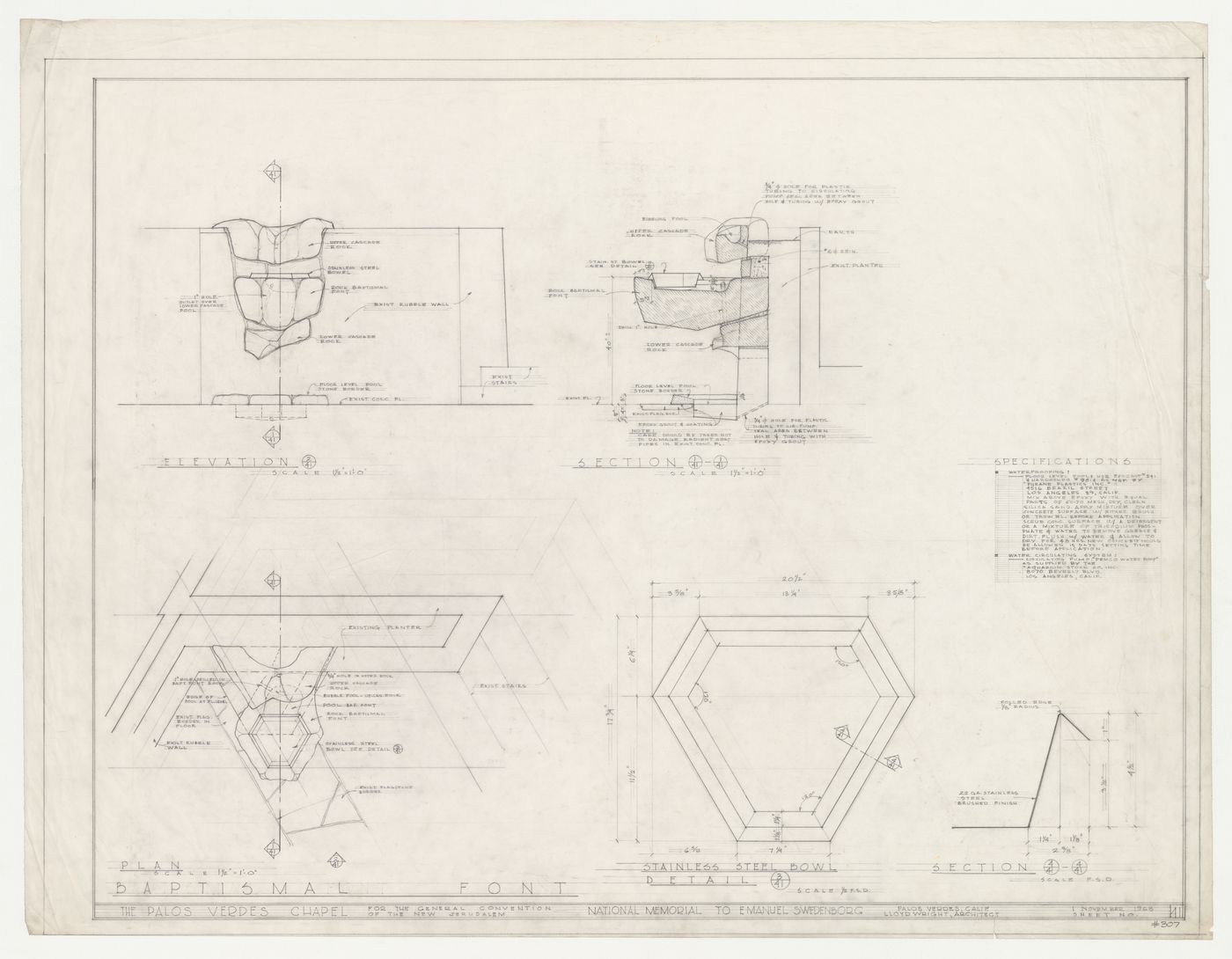 Wayfarers' Chapel, Palos Verdes, California: Plan, elevation and section for the baptismal font, with details for its stainless steel bowl and specifications for the waterproofing and water circulation system