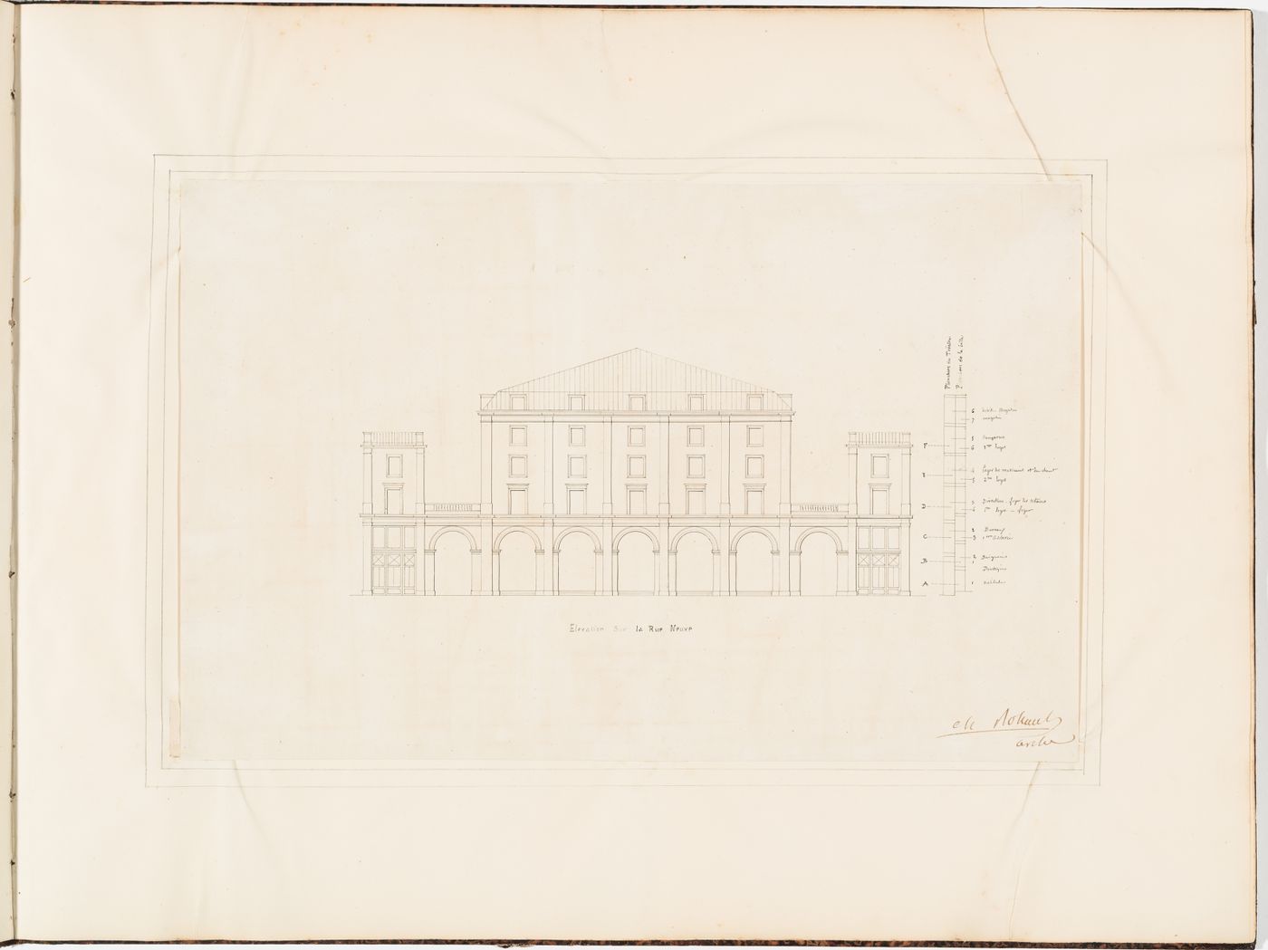 Elevation for a façade of the Théâtre Royal Italien on a site opposite the rue de la Paix, with a bar graph indicating the "Planchers du Théâtre" and the "Planchers de la Salle"