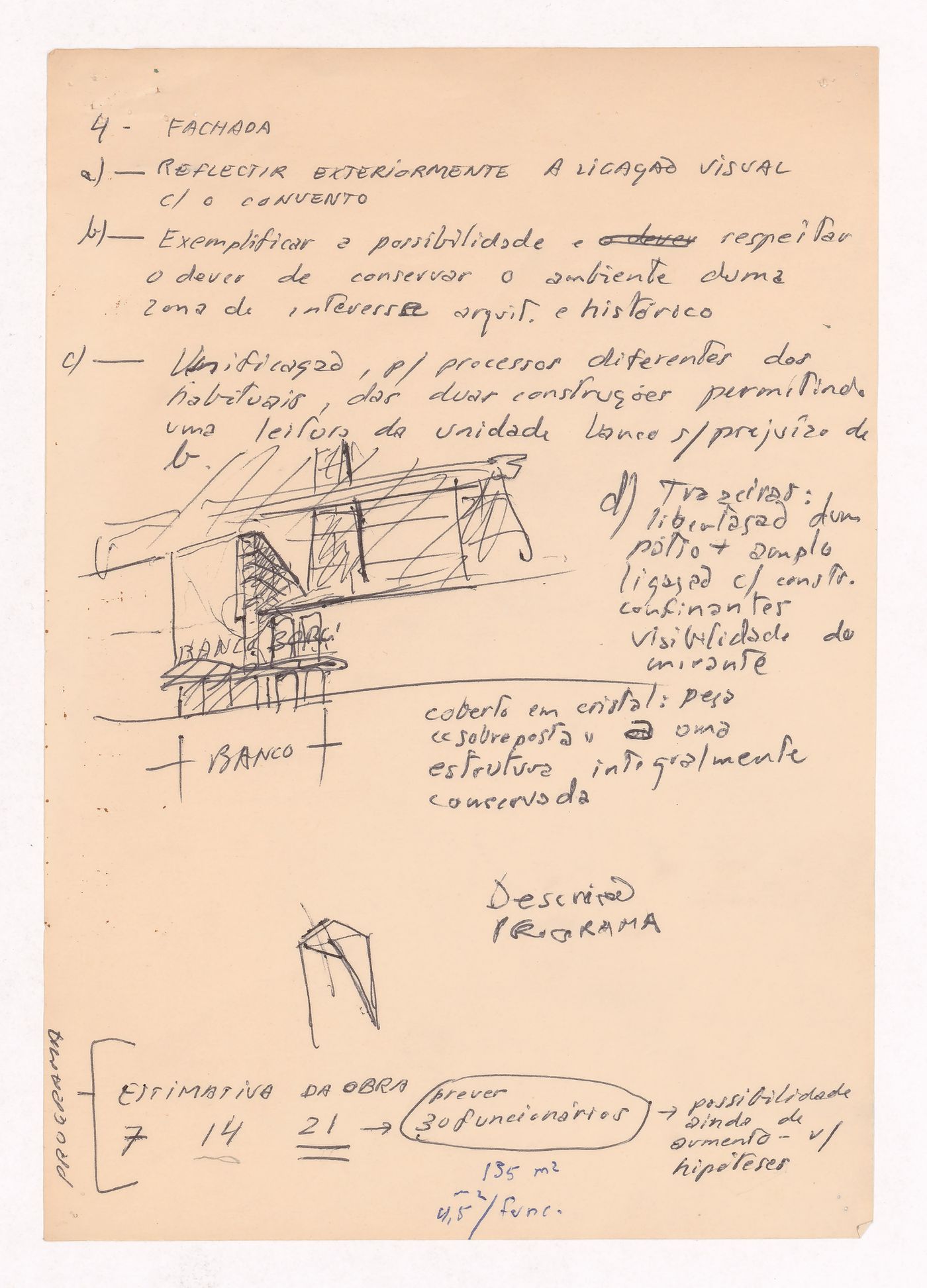 Notes and sketches of the façade for Banco Borges & Irmão, Vila do Conde, Portugal