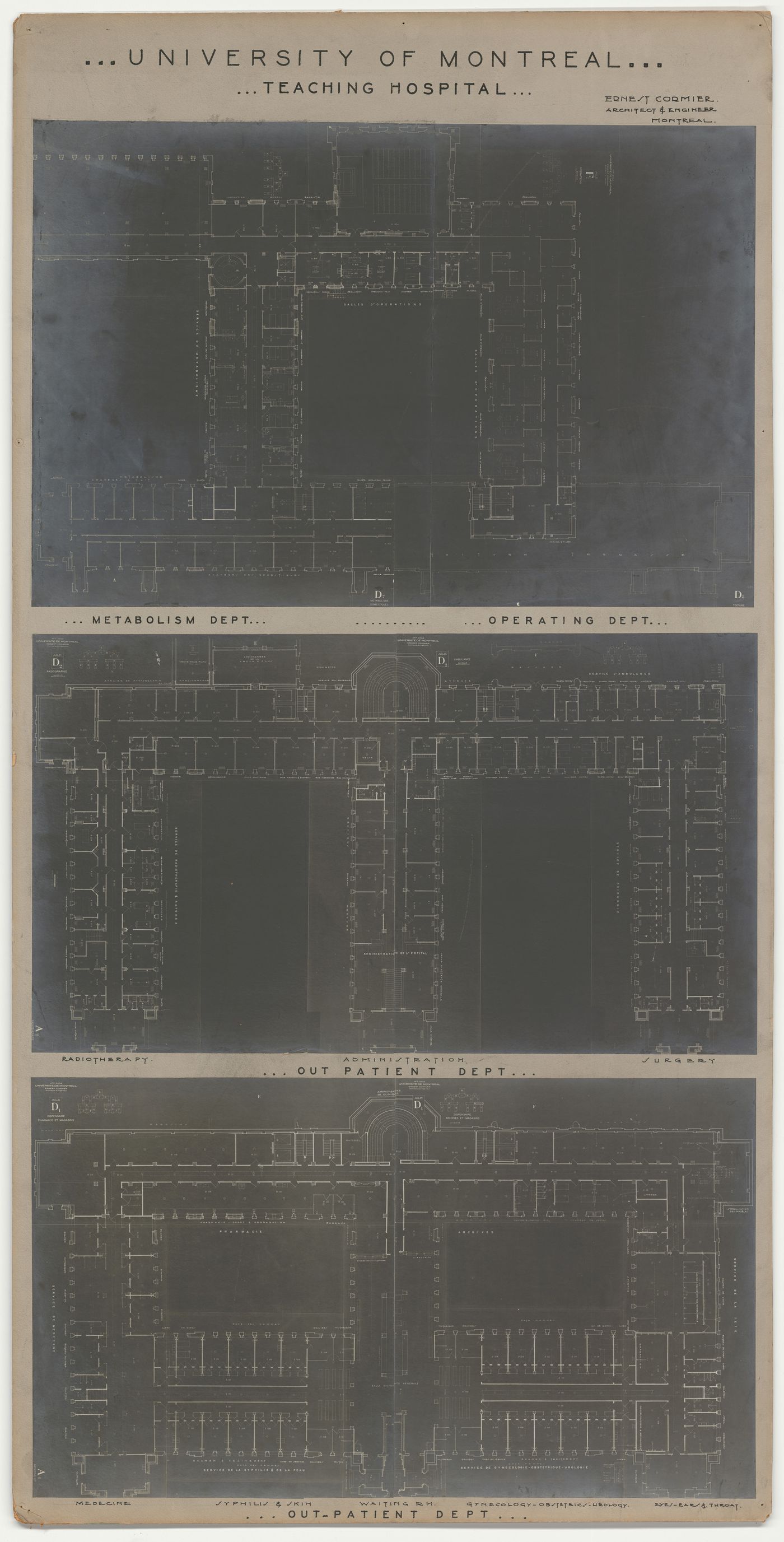 Panneau de présentation de l'hôpital universitaire, Pavillon principal et campus, Université de Montréal, Montréal, Canada (1924-1947)