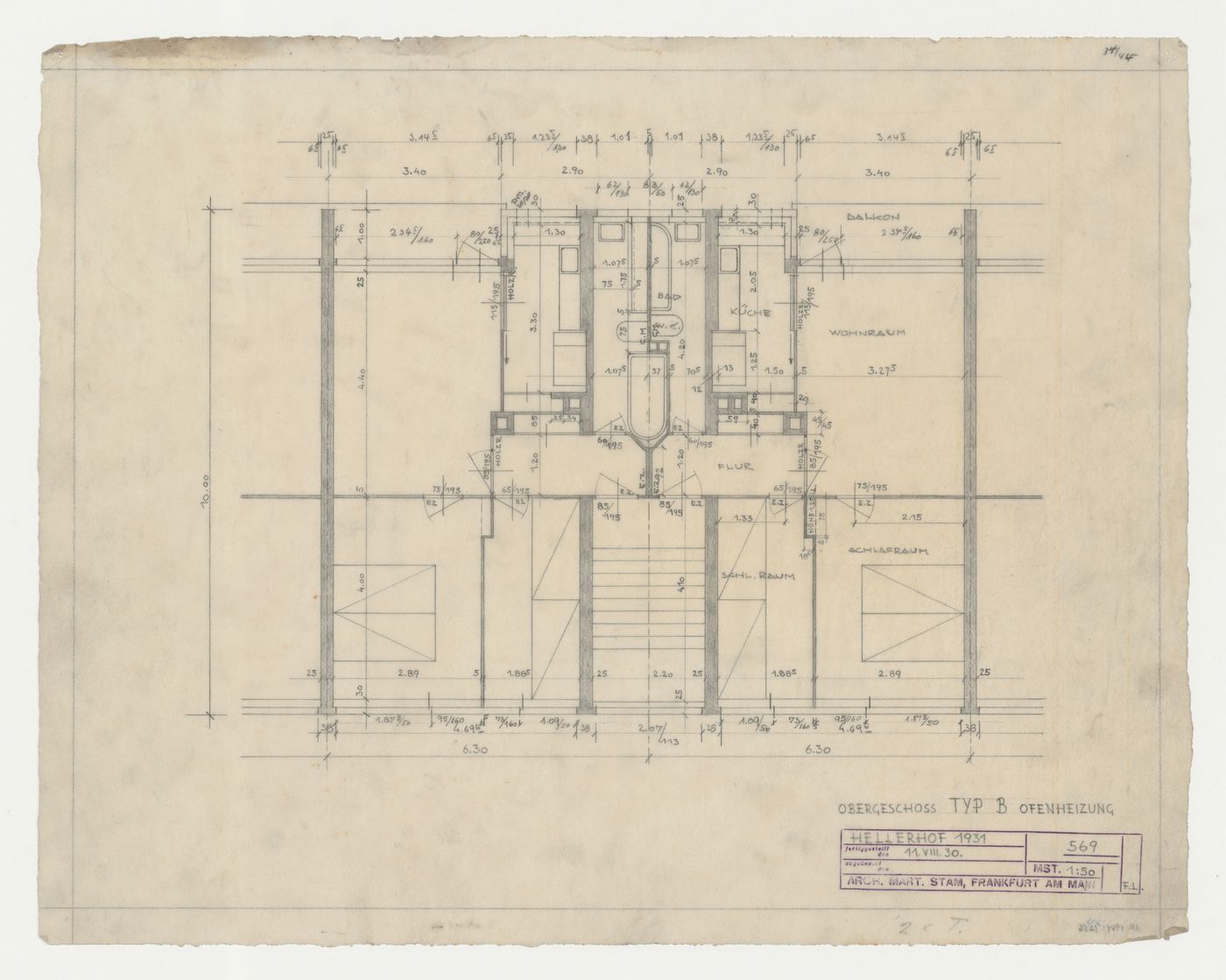 First floor plan for type BO housing units, Hellerhof Housing Estate, Frankfurt am Main, Germany