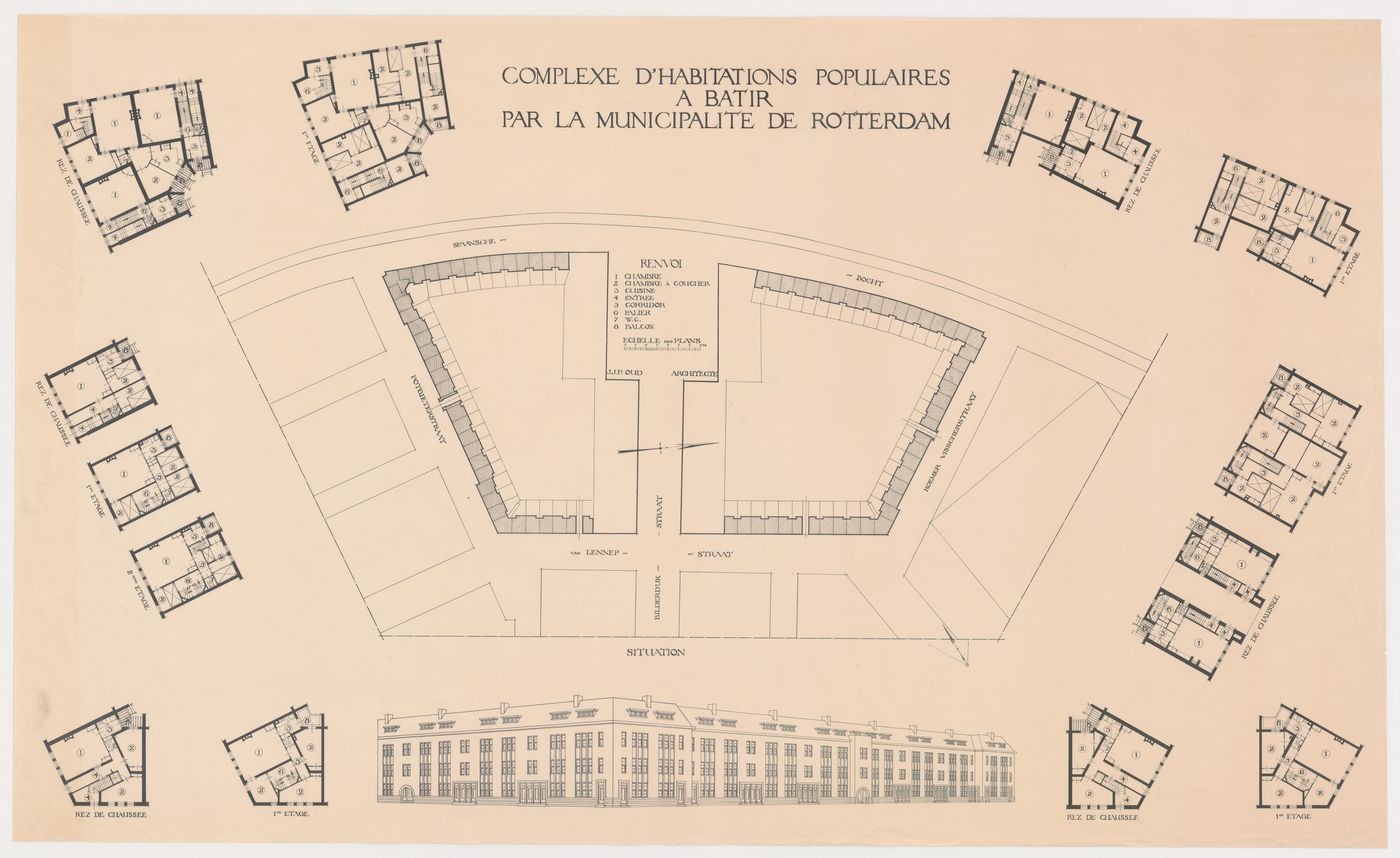 Site plan, plans and perspective for Blocks 1 and 5, Spangen Housing Estate, Rotterdam, Netherlands