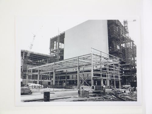 View of installation of exterior wall panels for power station, United Kingdom
