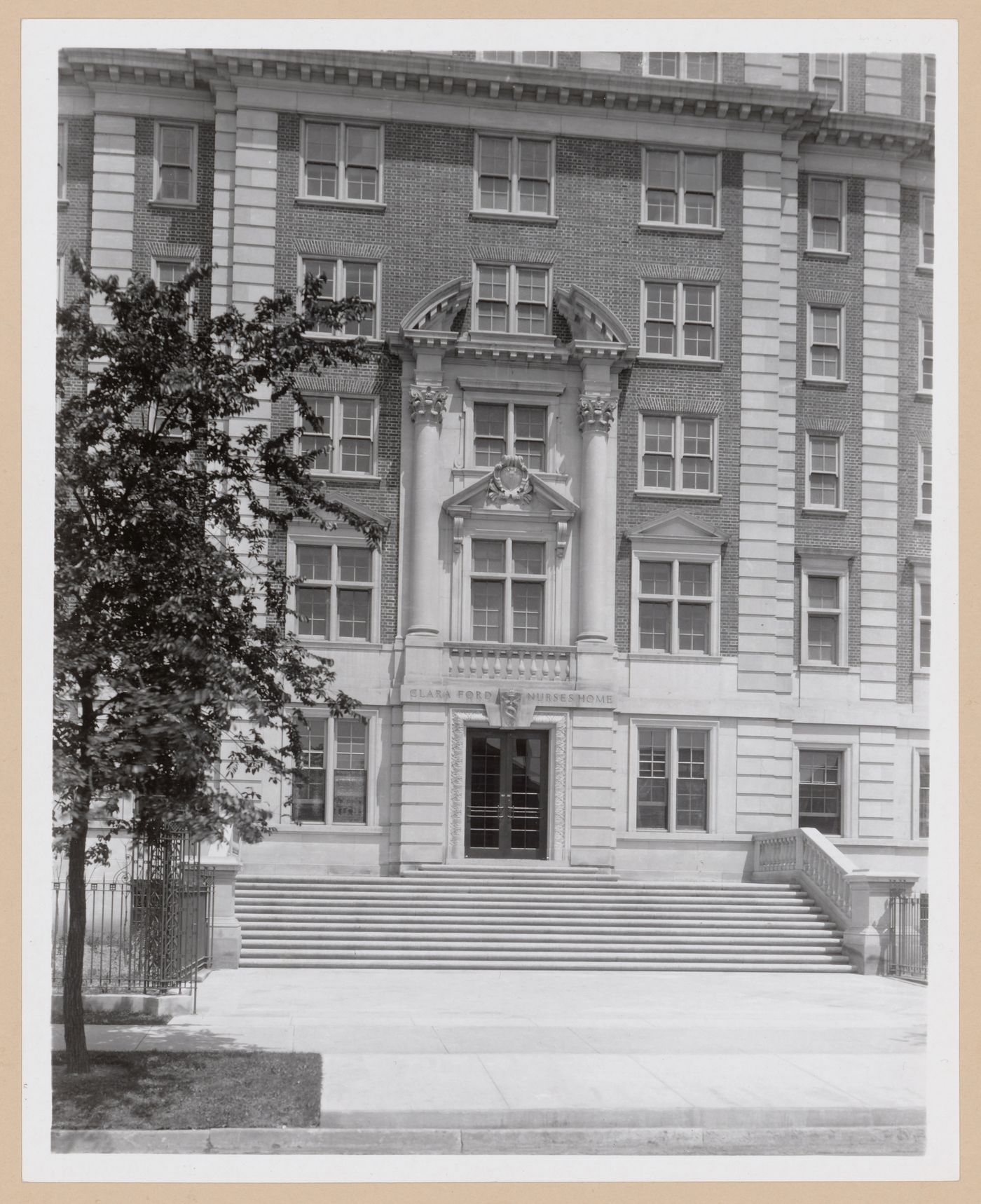 View of the main entrance to Clara Ford Nurses' Home, Henry Ford Hospital, Detroit, Michigan