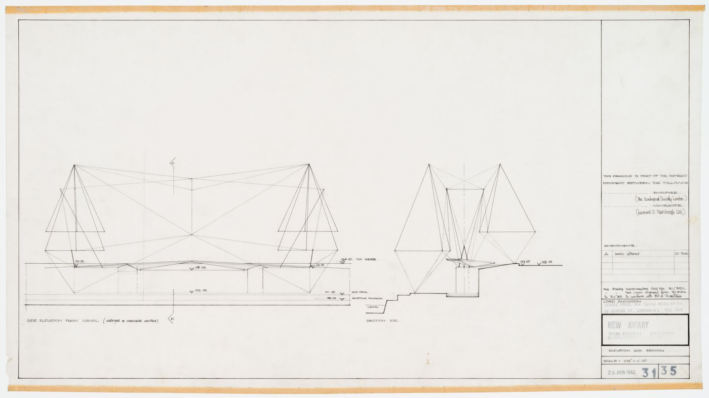 London Zoo Aviary, Regent's Park, London, England: elevation and section