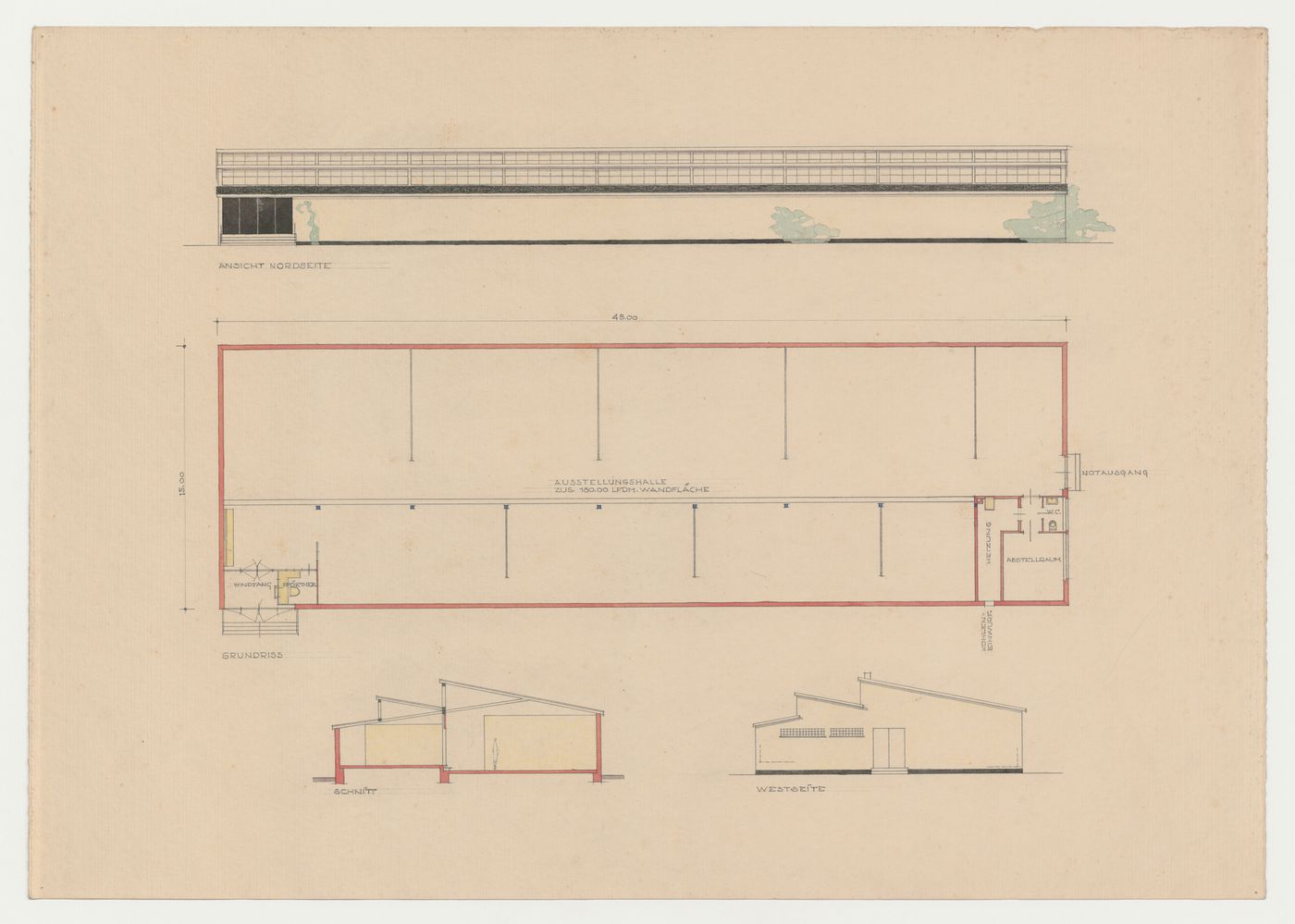 North and west elevations, ground floor plan, and section for an exhibition hall, Frankfurt am Main, Germany