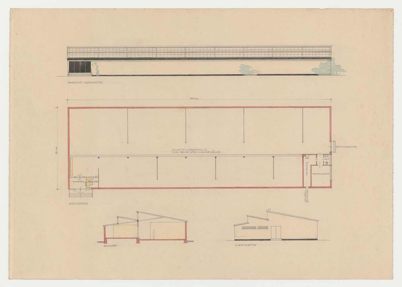 North and west elevations, ground floor plan, and section for an exhibition hall, Frankfurt am Main, Germany