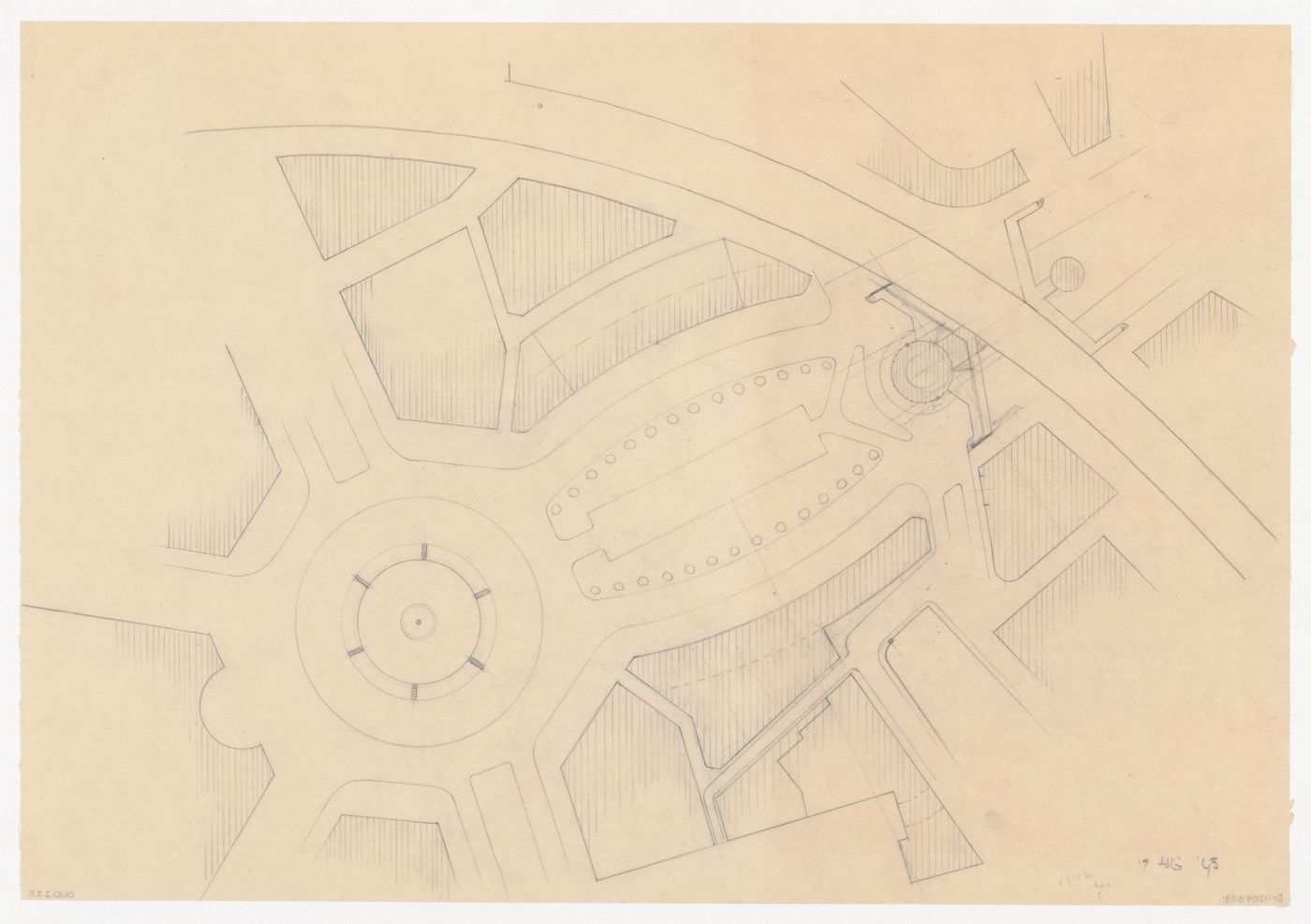 Site plan for the reconstruction of the Hofplein (city centre) showing monument plaza, mixed-use developments and Café Viaduct, Rotterdam, Netherlands
