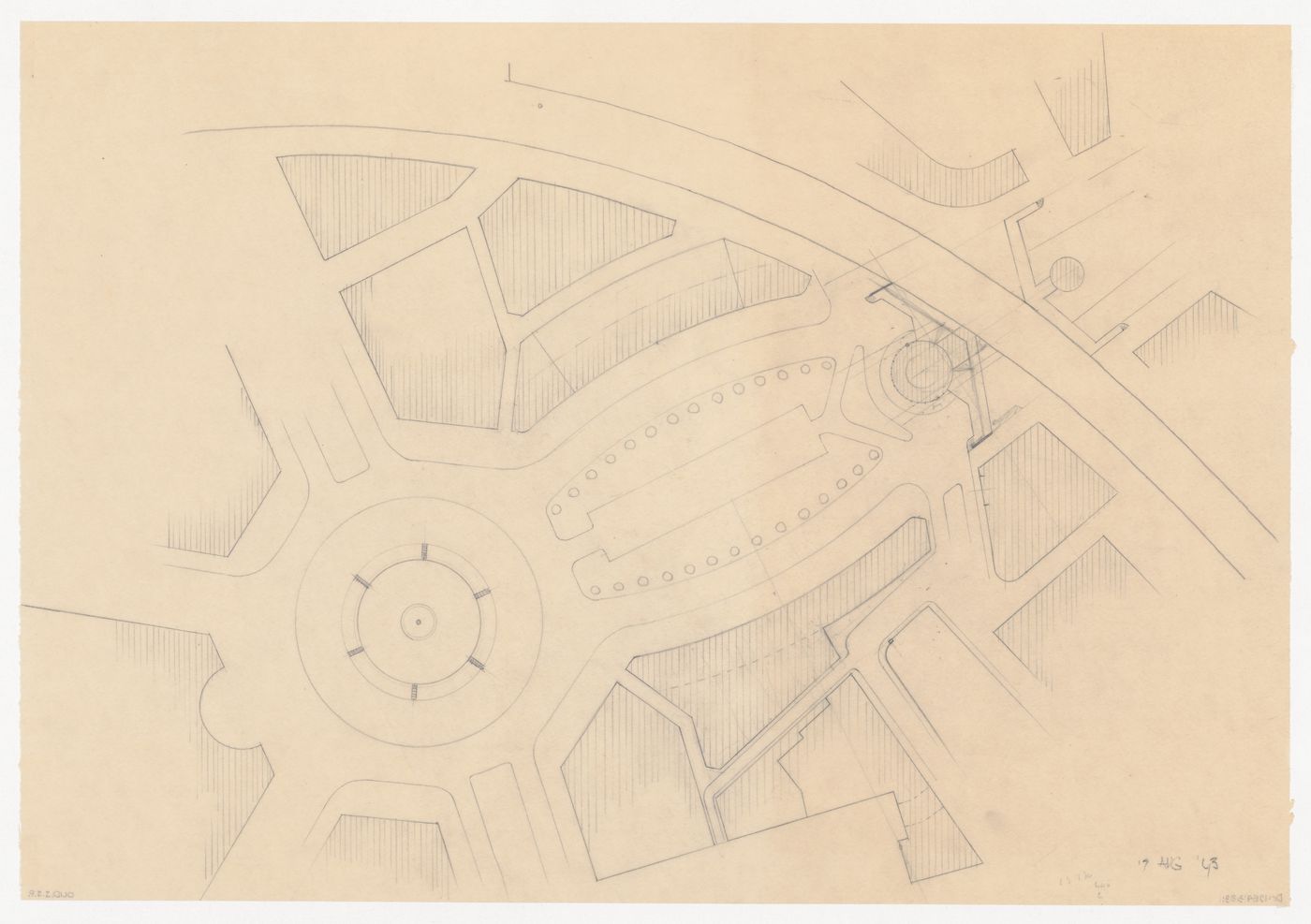 Site plan for the reconstruction of the Hofplein (city centre) showing monument plaza, mixed-use developments and Café Viaduct, Rotterdam, Netherlands