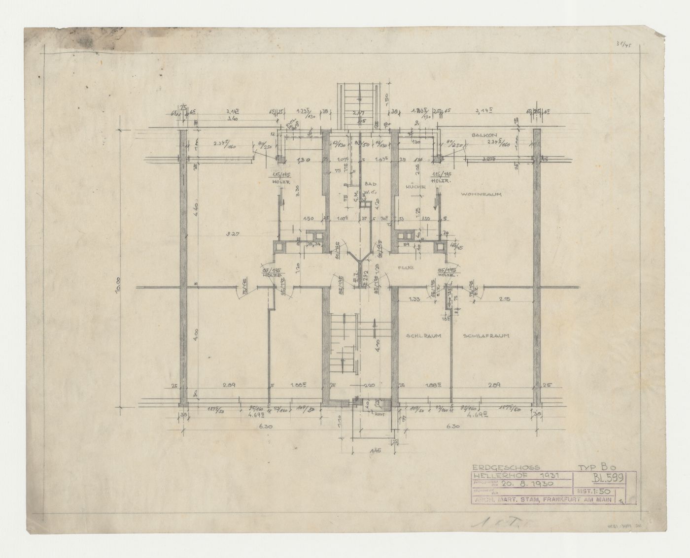 Ground floor plan for type BO housing units, Hellerhof Housing Estate, Frankfurt am Main, Germany