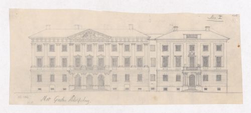 Elevation for the principal façade for the 1918-1925 design for the Göteburg rådhusets tillbyggnad [courthouse annex] showing the 1918-1925 design for the Göteburgs rådhus [courthouse], Göteborg, Sweden