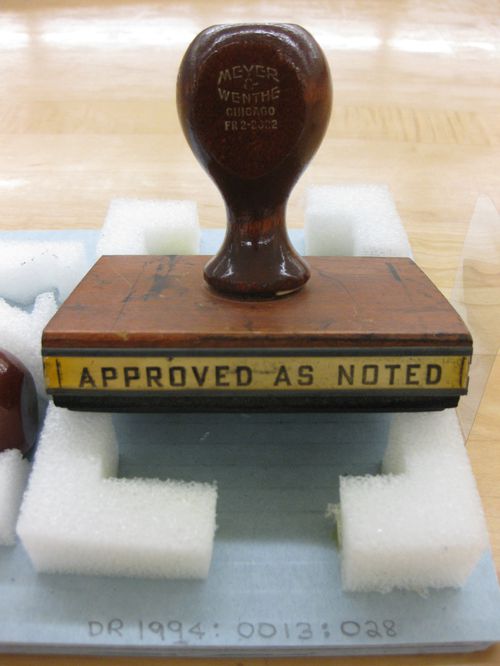 Various documents and drawings including furniture design and office renovation: Rubber stamps